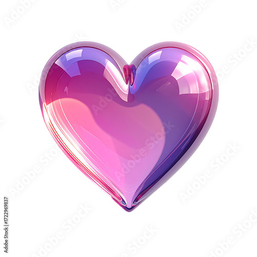 A vibrant, glossy heart shape, rendered in shades of pink and purple, exhibiting a smooth, reflective surface and a three-dimensional form