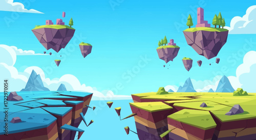 Floating islands with castles and lush greenery in a fantasy landscape.