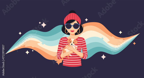 A stylish woman wearing sunglasses and a red beanie holding a small dog in her arms with a colorful wavy background and sparkling stars.
