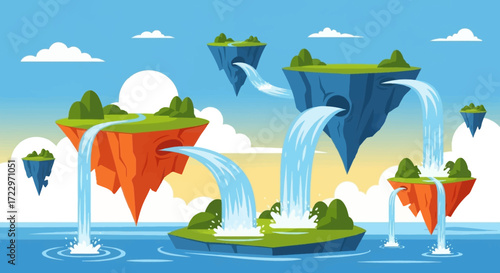 Floating islands with waterfalls in a fantasy landscape.