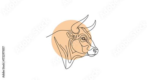 A minimalist line art illustration of a bull's head with horns against a peach circle background.