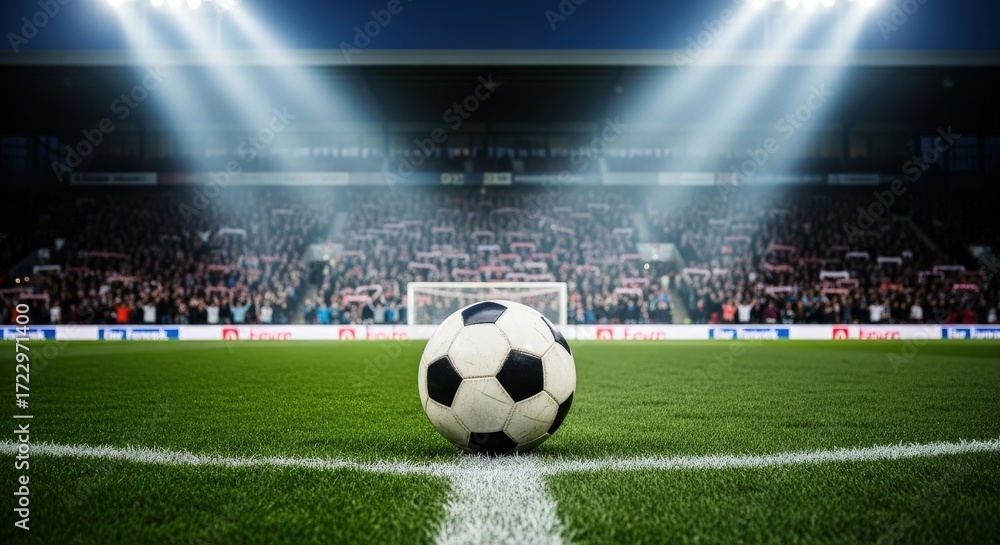 Obraz premium Soccer ball on the field in a stadium with bright lights shining down on it during a match with fans in the background