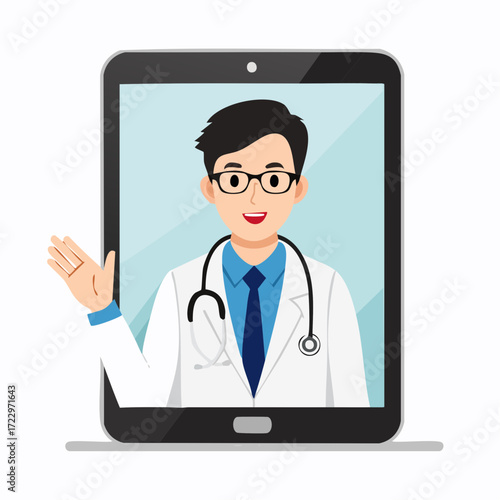 タブレット画面の中で解説する医者のベクターイラスト素材