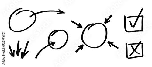 Hand drawn black exam marks set, including checkmarks, crosses, arrows and other grading symbols. Simple and useful vector crayon chalk elements for educational or evaluation themed designs.