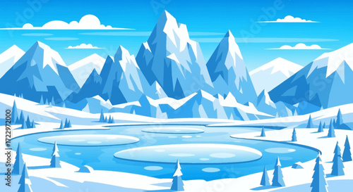 Frozen lake with ice floes in a snowy mountain landscape.