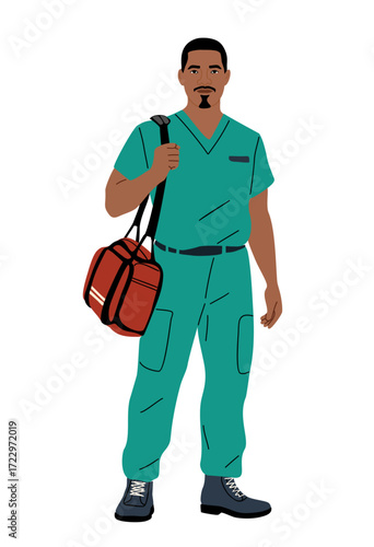 Young Black man in green medical scrubs with red bag, vector illustration of African American or Latin male doctor, nurse, or paramedic isolated on transparent background