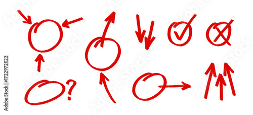 Set of hand drawn red exam marks, including various checkmarks, crosses, and other grading symbols. Simple and useful vector elements for educational or evaluation themed designs.