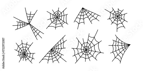 Spider web set, isolated on white background. Halloween silhouettes black line spiderweb or cobweb - for design decor. Hand drawn cobwebs. Vector illustration, traditional Halloween decorative element