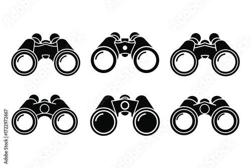 Multiple Binoculars Icons in Different Orientations on White Background Keywords: binoculars, icons, set, collection, optic, zoom, view, observation, exploration, travel