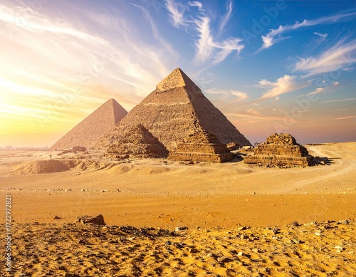 Ancient Pyramids at Sunset in the Desert