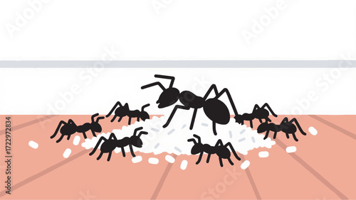 Illustration Of Small Ants Swarming Over Sugar Grains Spilled On The Floor Vector Design Template