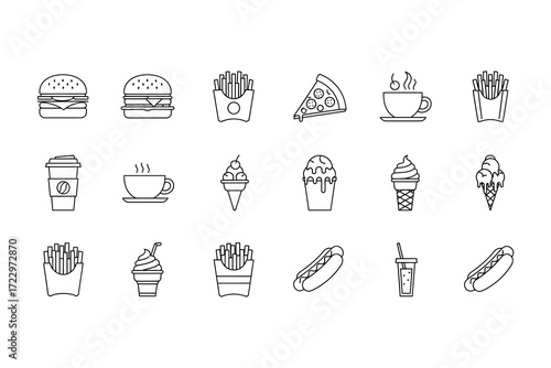 Outline Icons of Fast Food and Drinks Including Burgers Pizza Fries and Ice Cream on White vector