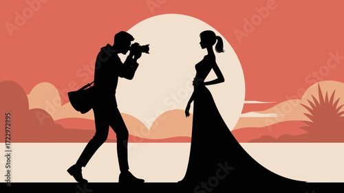 Photographer captures stunning fashion model silhouette at golden hour sunset, creating artistic editorial visuals for modern campaigns.