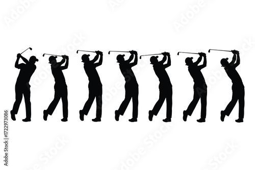 Silhouette Sequence of a Golfer Swinging a Club on a White Background sport