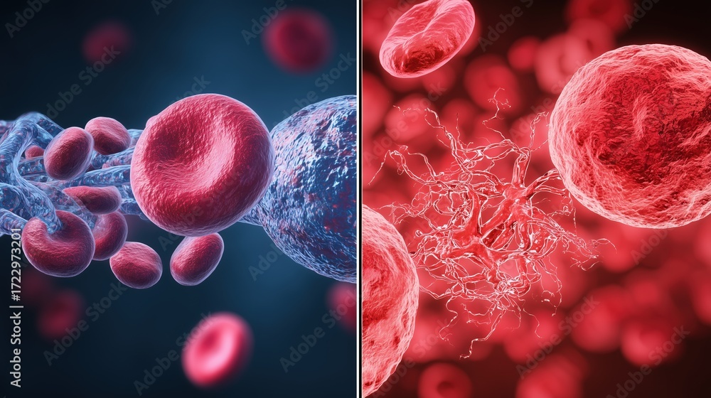 Fototapeta premium Bleeding Disorders Awareness Week. Comparative scientific illustration of normal blood clotting vs bleeding disorder (hemophilia), side-by-side educational diagram