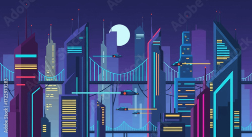 Futuristic city skyline with glowing neon lights and advanced architecture at night.