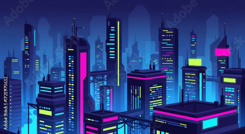 Futuristic city skyline with neon lights at night.