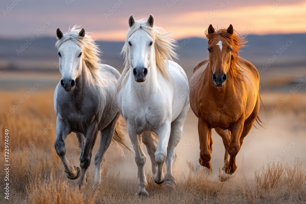 Obraz premium Three Horses Running Through Field at Sunset