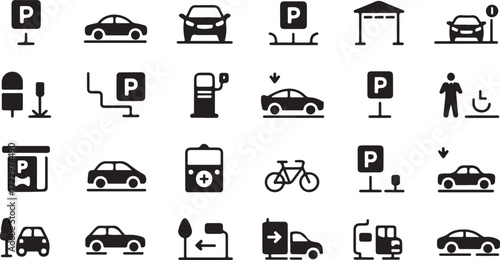 Collection of black and white icons representing parking signs vehicles and transportation elements automobile
