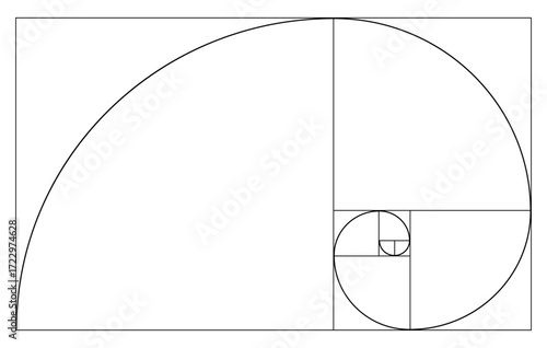 Fibonacci spiral with golden ratio. Geometric line art curve with rectangles and squares. Abstract mathematical design for science, art and education.