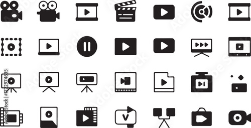Collection of black and white video and film icons on a white background camera play button