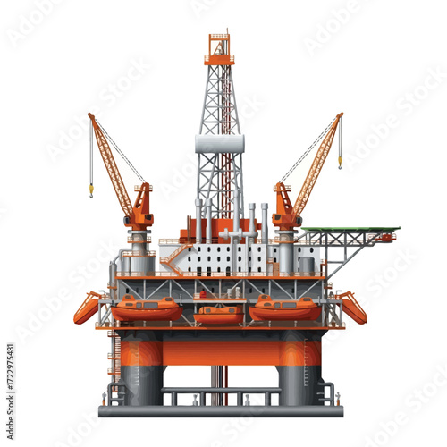 Realistic vector graphic of an offshore oil rig, showcasing a detailed industrial drilling platform for fossil fuel exploration and production
