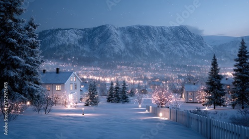 Snowy Mountain Village at Twilight Illuminated Houses and Trees with Snow Covered Ground and Distant Mountain Peak in Blue Hour Setting