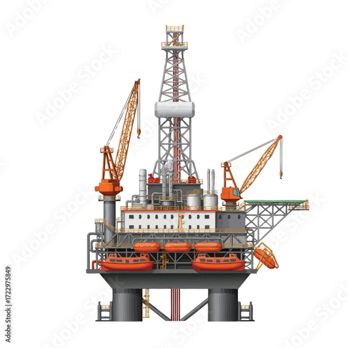 Realistic vector illustration of an offshore oil rig drilling platform for gas and fossil fuel exploration, isolated on a white background