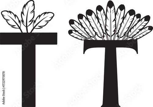 Stylized Capital Letter T Designs with Feather Ornaments