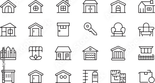 Collection of simple black outline icons representing houses buildings and related objects house icon