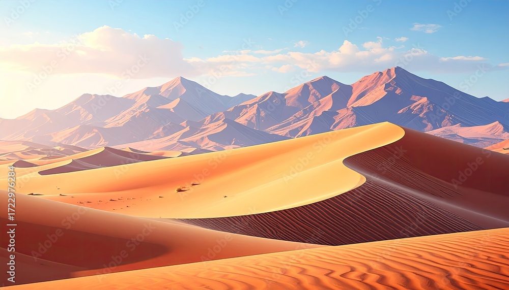 Fototapeta premium Desert panorama, dunes, mountains, sunrise
