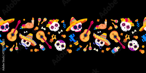 Mexican calavera sugar skulls seamless pattern with traditional elements for Day of the Dead holiday design. Dia de los muertos seamless border for printing, textiles, paper. Vector