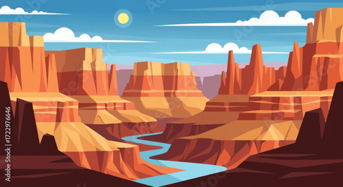 Grand Canyon Landscape with Winding River and Majestic Rock Formations.