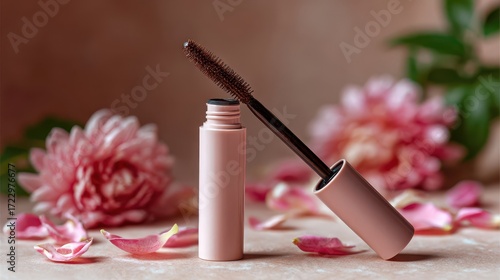 Open mascara mockup with floral background and pink petals