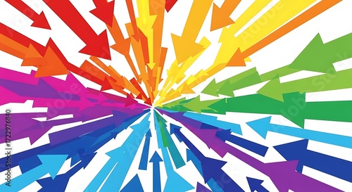 Converging rainbow arrows towards a central point symbolic of unity