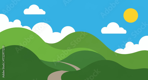Green rolling hills with a winding path under a blue sky.