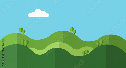 Green rolling hills with trees under a blue sky and a single cloud.