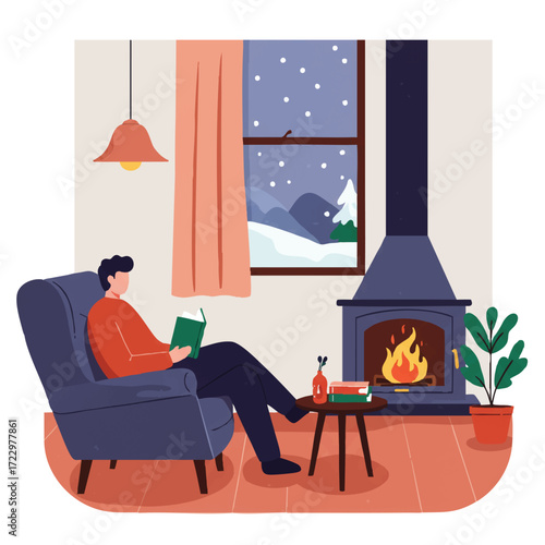 A cozy 2D flat vector illustration shows a person comfortably sitting in an armchair by a crackling fireplace, reading a book, with a snowy winter landscape visible through a window.