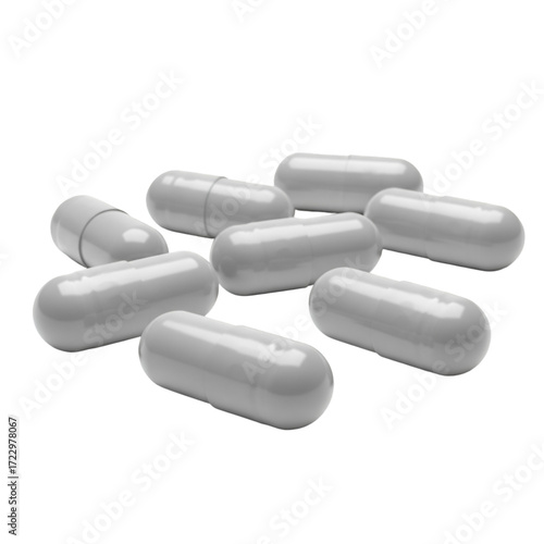 Pile of white pharmaceutical capsules isolated on transparent background