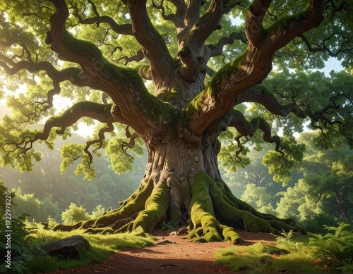 Ancient Oak Tree in Lush Forest Sunlight