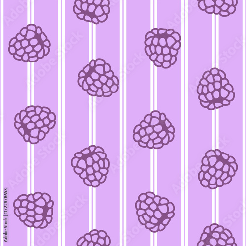 Abstract summer berry seamless modern monochrome pattern with blackberries on striped background; simple hand-drawn vector illustration, flat style