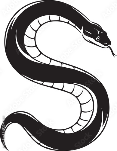 Stylized Black Snake Illustration in S-Shape with Flicking Tongue
