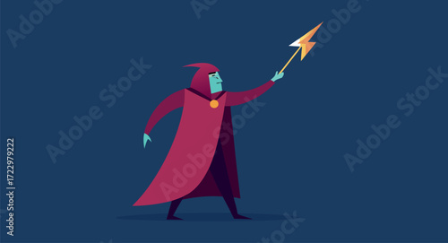 Fantasy sorcerer casting lightning spell with cloak