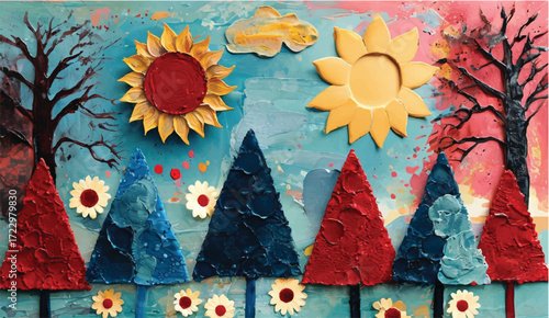 Whimsical floral landscape, vibrant trees and cheerful sunflowers create a joyful, uplifting scene perfect for adding a touch of nature's beauty to any project