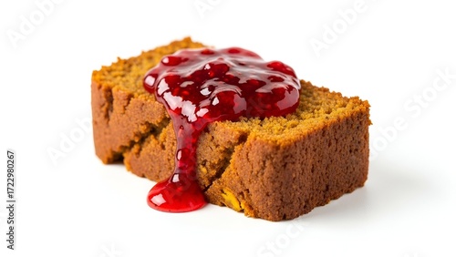 Delicious slice of autumnal pumpkin-flavored loaf cake drizzled with vibrant red berry sauce, perfect for a cozy treat or festive dessert