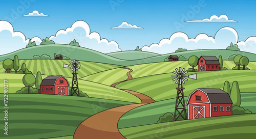 Lush Green Farmland with Red Barns and Windmills.