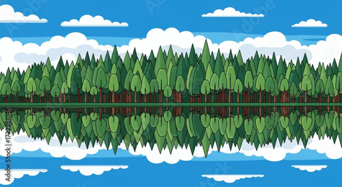 Lush Green Forest Reflected in Calm Lake Water.