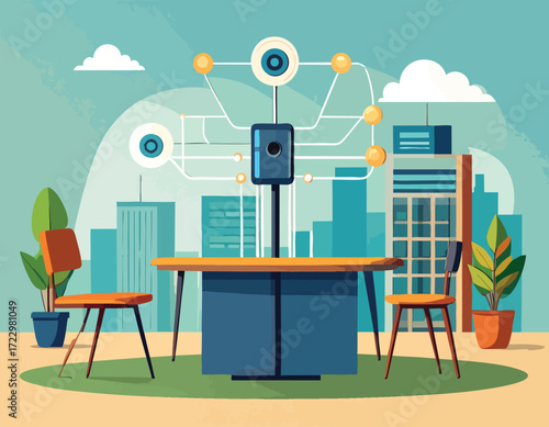 Abstract illustration of an office setup with a neuromorphic chip-inspired central hub, connecting to the city's digital infrastructure, symbolizing technological advancements