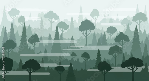 Lush green forest with diverse trees and natural landscape.