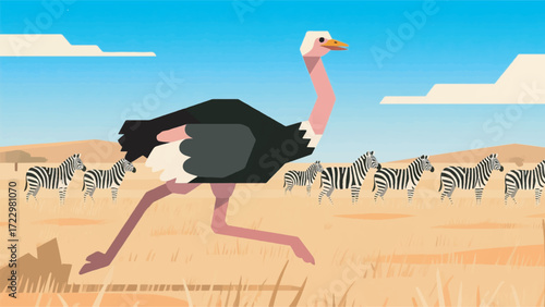 Illustration Of An Ostrich Running Fast On A Dry Grassland With A Herd Of Zebras Vector Design Template
